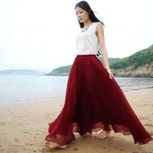 Boho Burgundy Red Maxi Skirt, Pleated Long Skirt,..