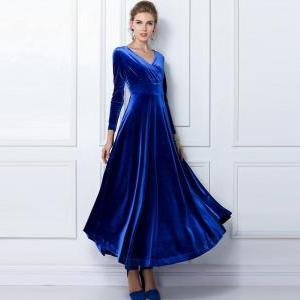 Royal Blue Green Long Sleeve Velvet Maxi Dress,..