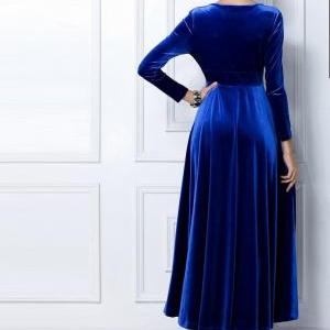 Royal Blue Green Long Sleeve Velvet Maxi Dress,..