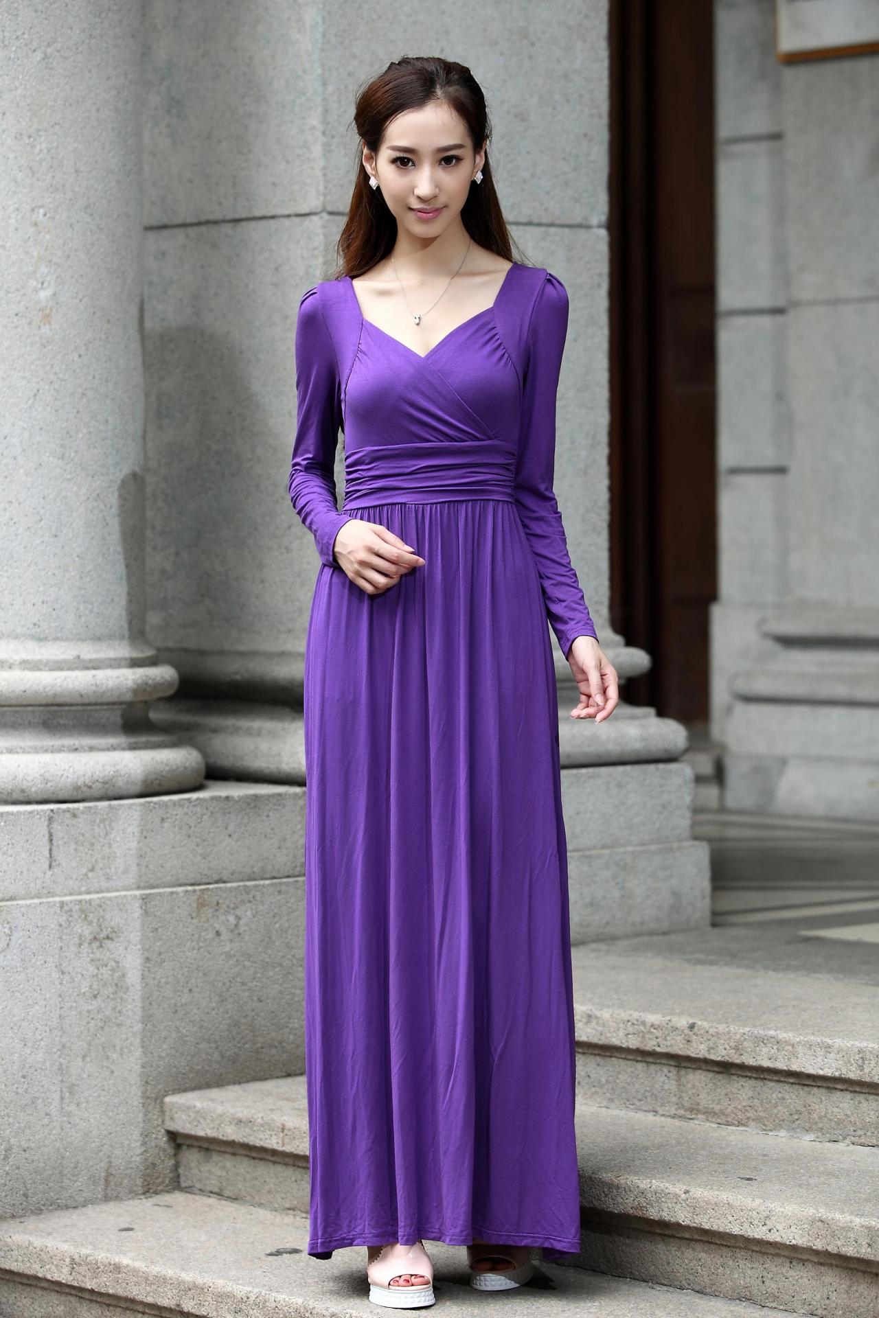 Purple Prom Dress, Bridesmaid Dress, Long Sleeved Cotton Maxi Dress ...