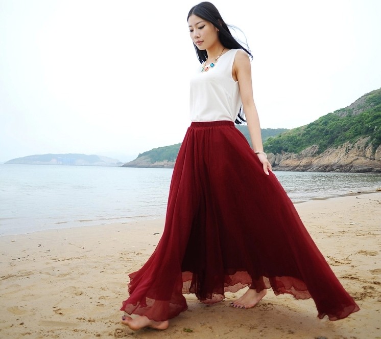 Boho Burgundy Red Maxi Skirt, Pleated Long Skirt, Wedding