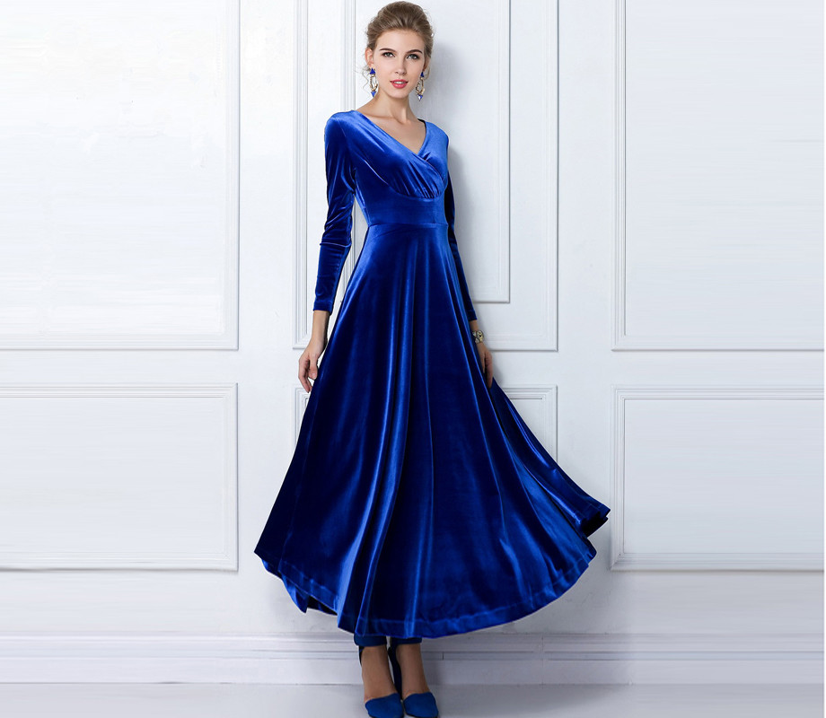 Royal Blue Green Long Sleeve Velvet Maxi Dress, Formal Long Evening Party Dress Gown