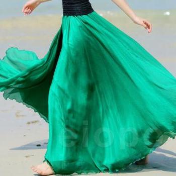 Emerald Green Chiffon Maxi Skirt Long Sundress Holiday Maxi Dress Skirt ...
