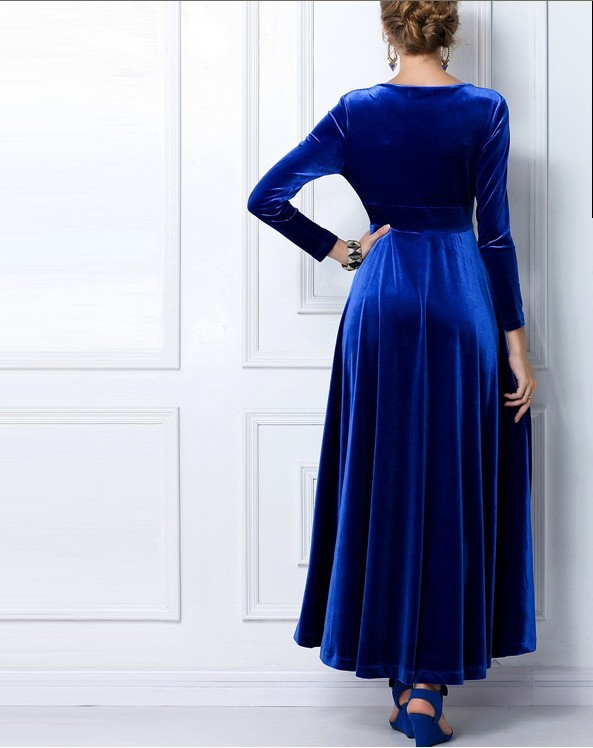 Royal Blue Green Long Sleeve Velvet Maxi Dress, Formal Long Evening ...